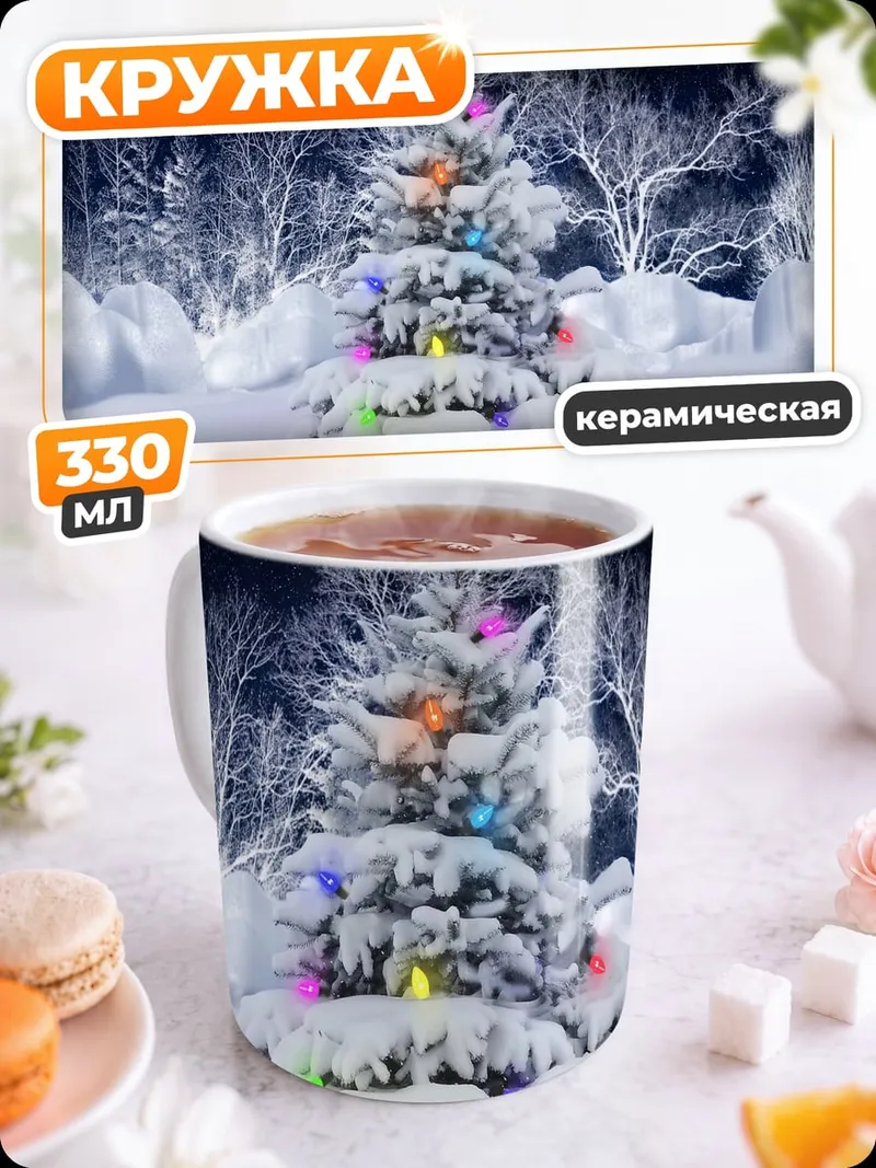 Кружка керамическая Зимняя елка с гирляндой