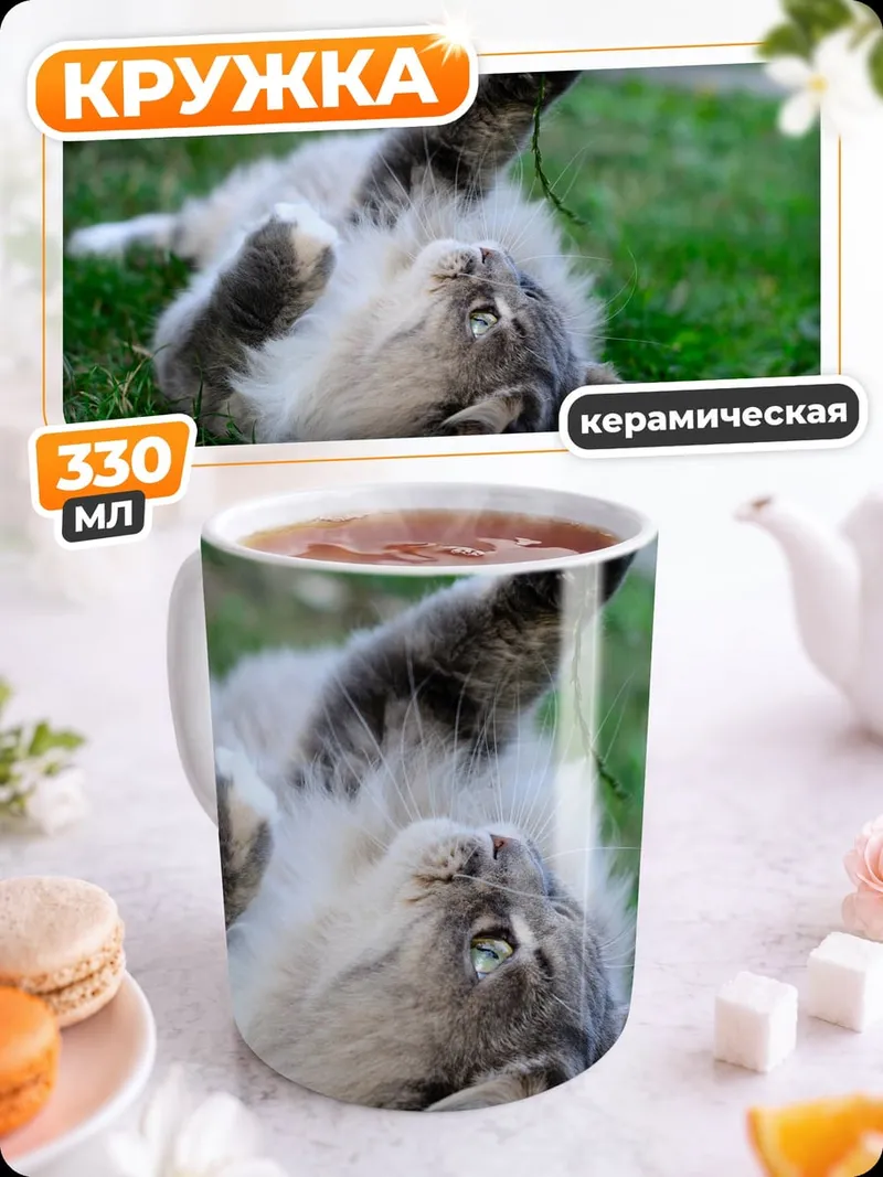 Кружка керамическая Играющий кот на траве