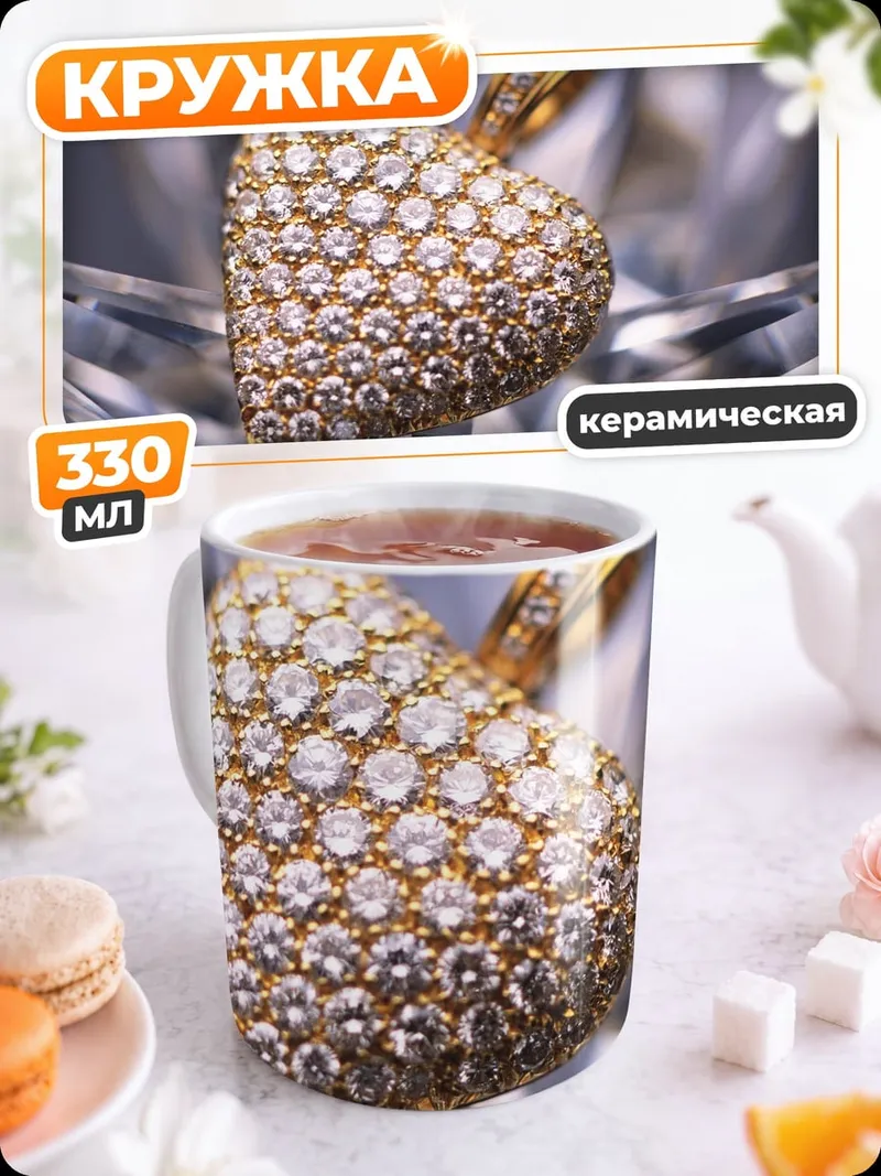 Кружка керамическая сердце из бриллиантов