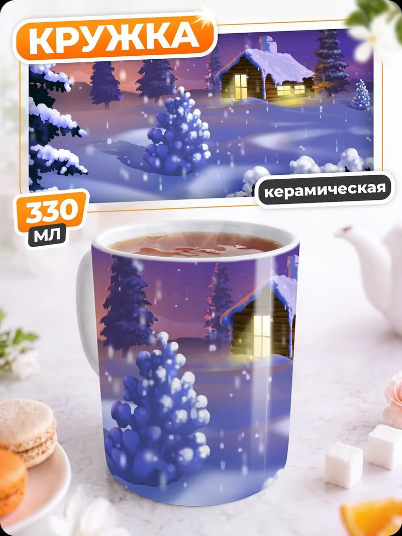 Кружка керамическая Зимний домик в снегу