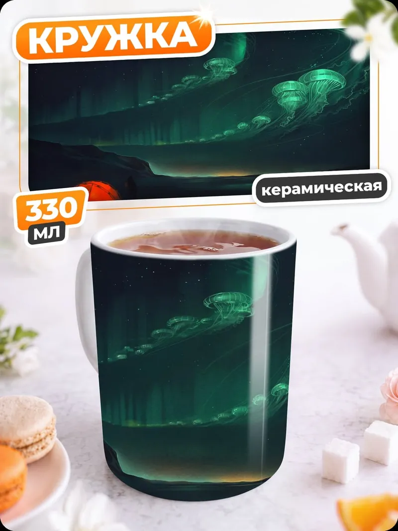 Кружка керамическая северное сияние над озером