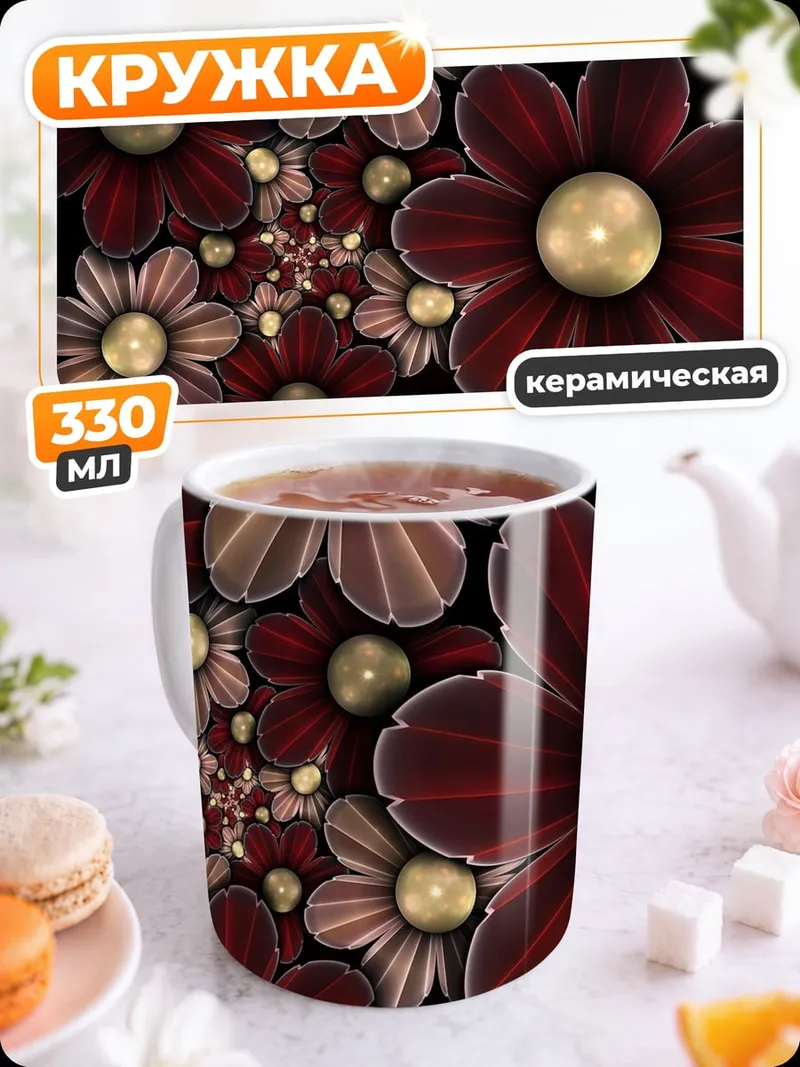 Кружка керамическая бордовые цветы