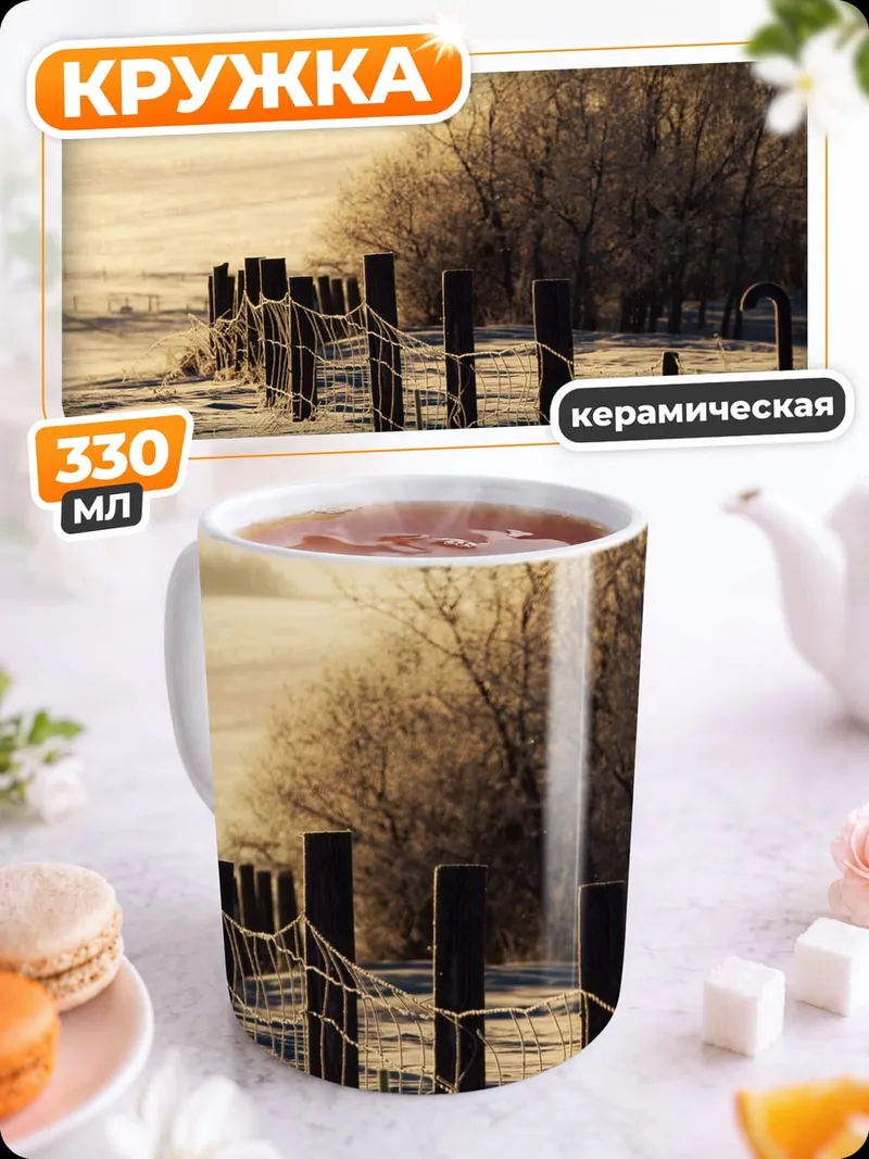 Кружка керамическая Зимний пейзаж с забором