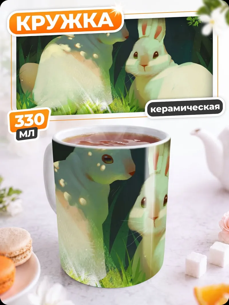 Кружка керамическая два кролика в лесу