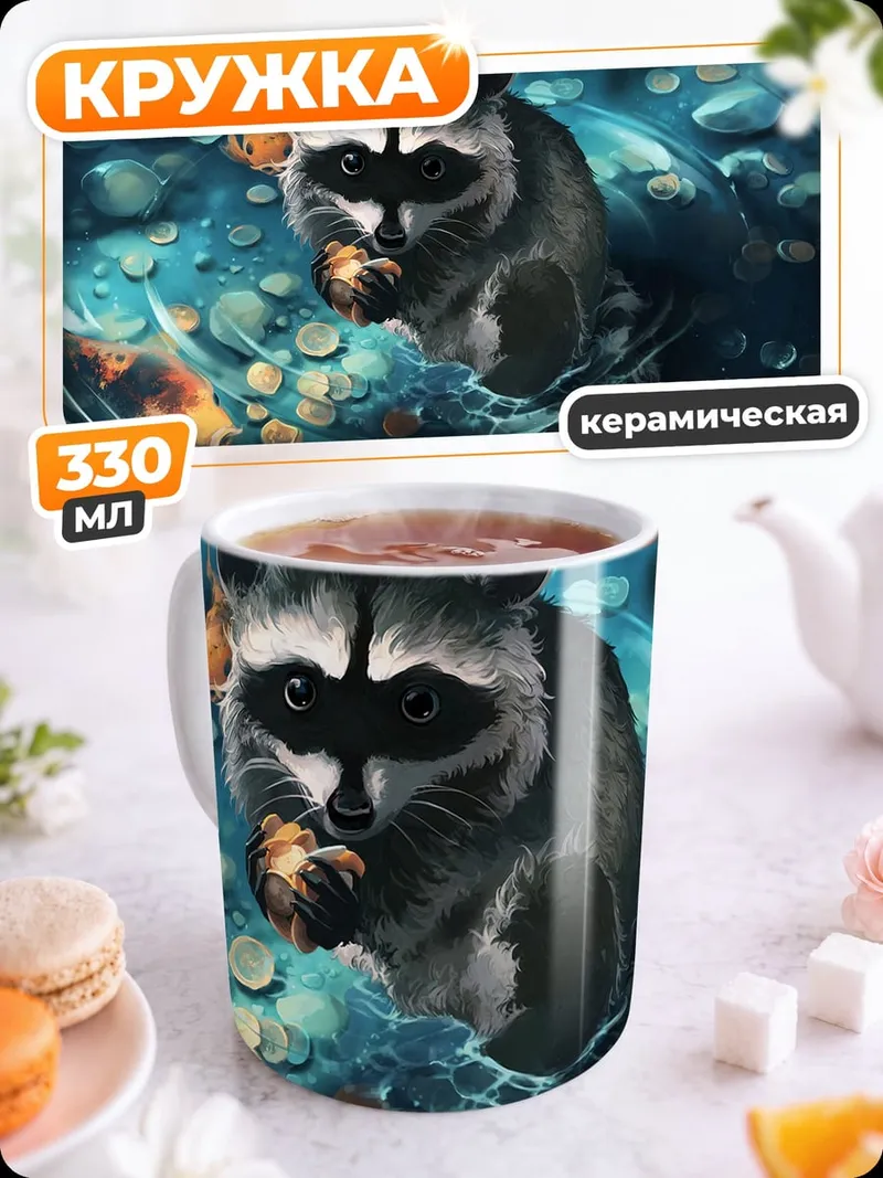 Кружка керамическая Енот и карпы кои