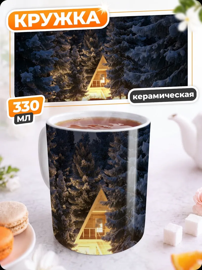 Кружка керамическая Палатка в зимнем лесу