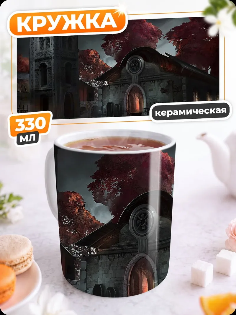 Кружка керамическая мрачный город с деревьями