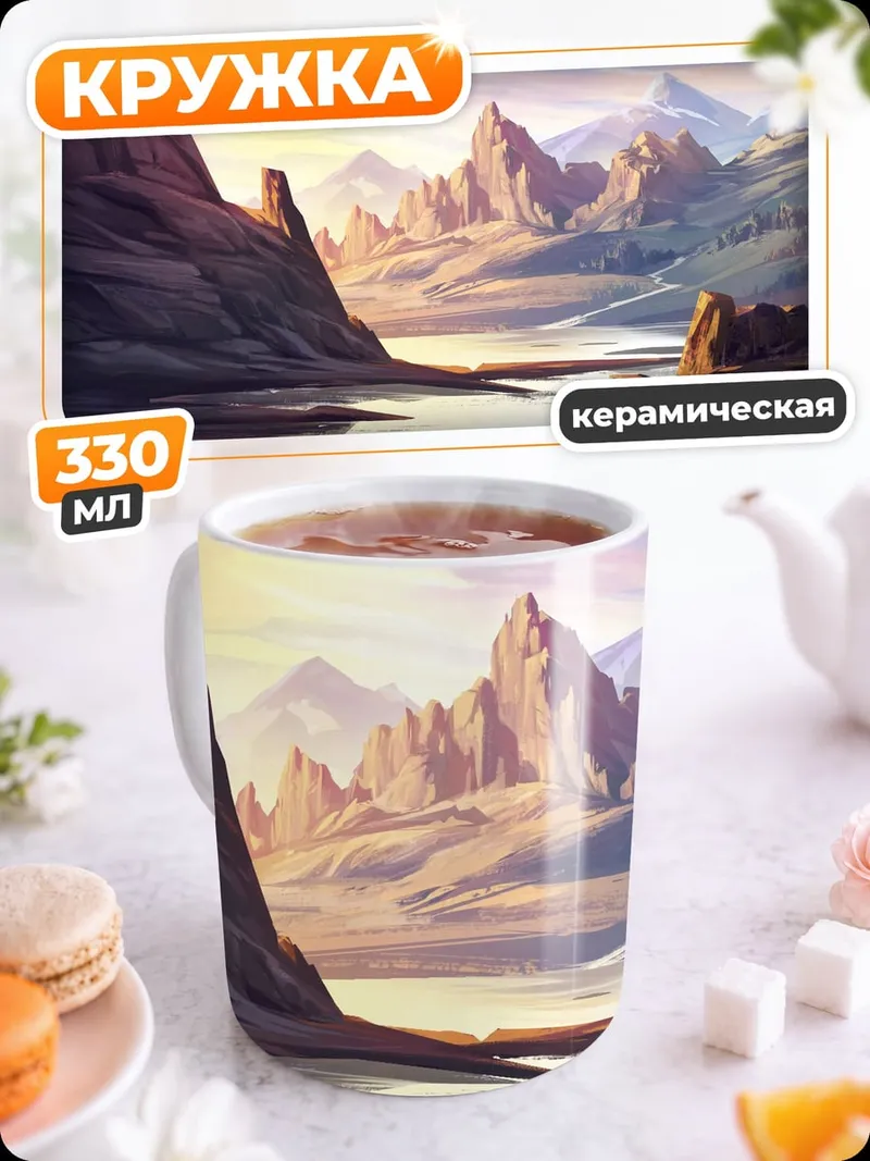 Кружка керамическая Горный пейзаж на закате