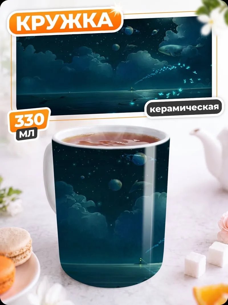 Кружка керамическая ночной океан светлячки