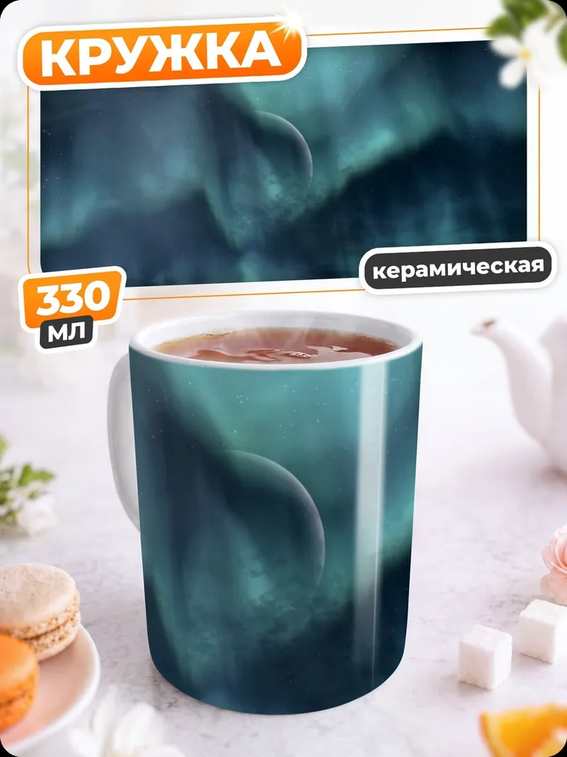 Кружка керамическая Северное сияние над горами