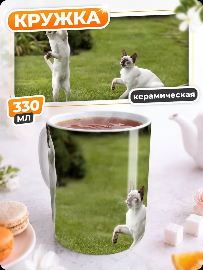 Кружка керамическая кошки на траве