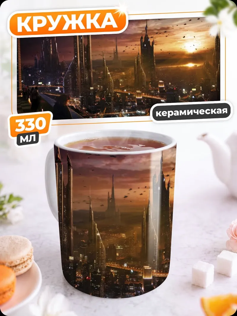 Кружка керамическая Футуристический город на закате
