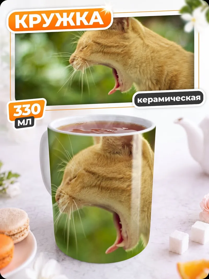Кружка керамическая зевающий рыжий кот