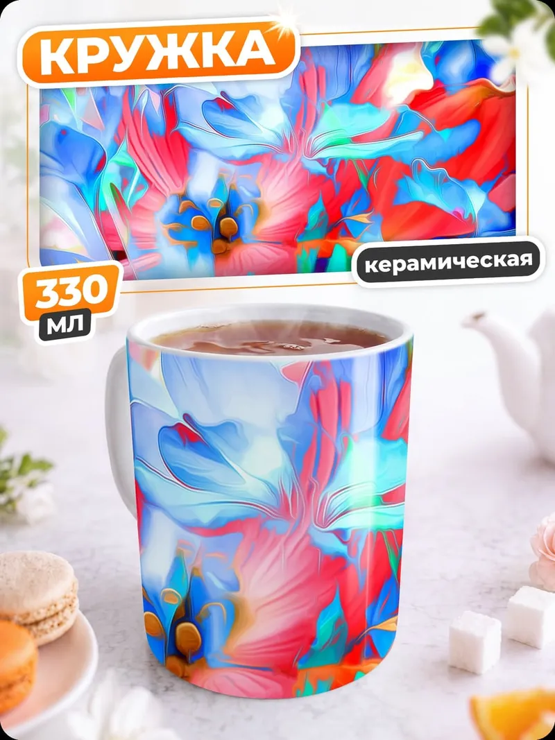 Кружка керамическая яркие абстрактные цветы