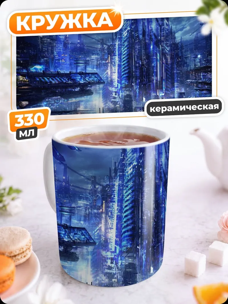 Кружка керамическая футуристичный синий город