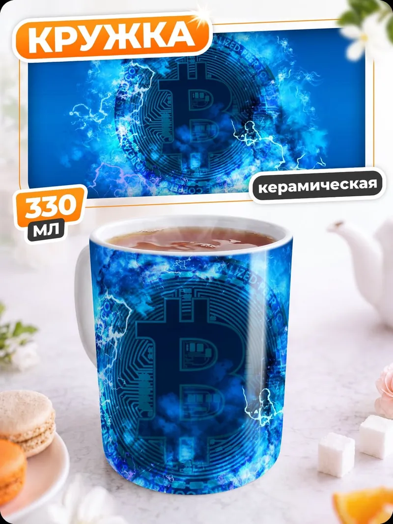 Кружка керамическая Биткоин в синем вихре