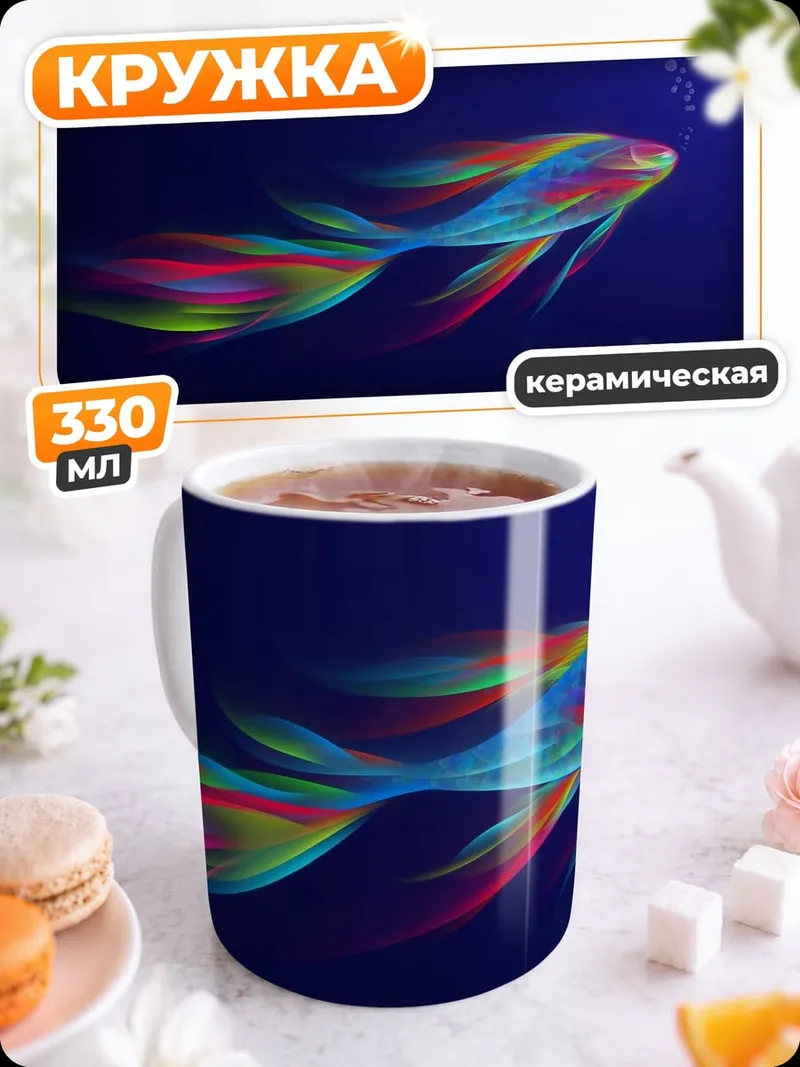 Кружка керамическая радужная рыба плывет