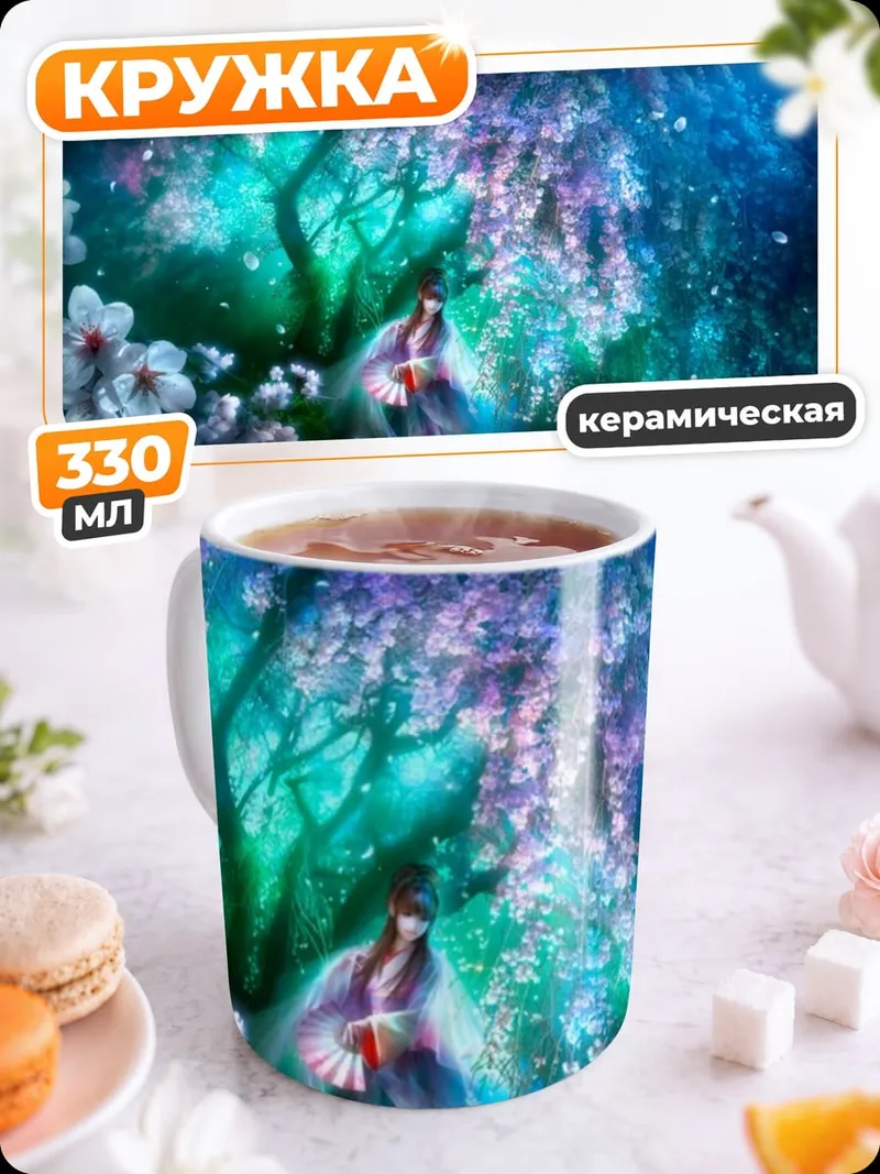 Кружка керамическая девушка в цветущем саду