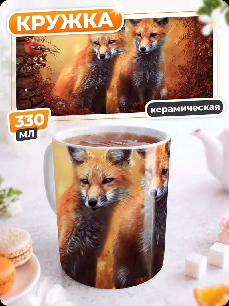 Кружка керамическая два лисенка осенью