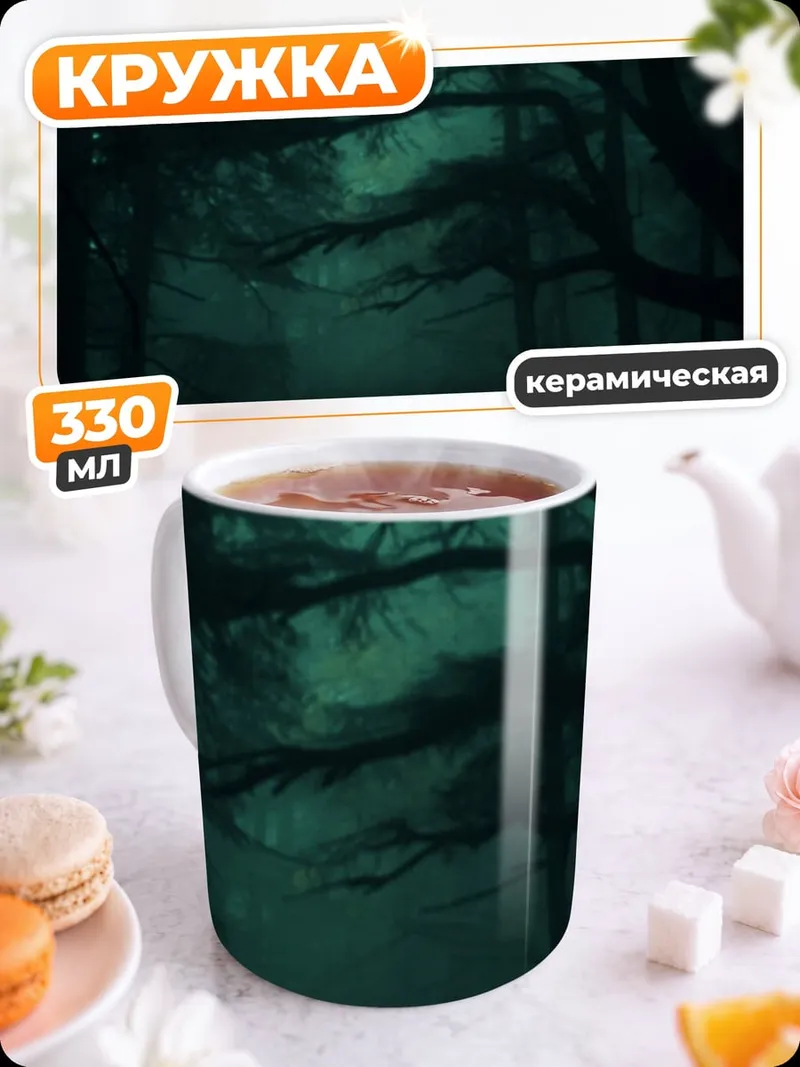 Кружка керамическая Машина в туманном лесу