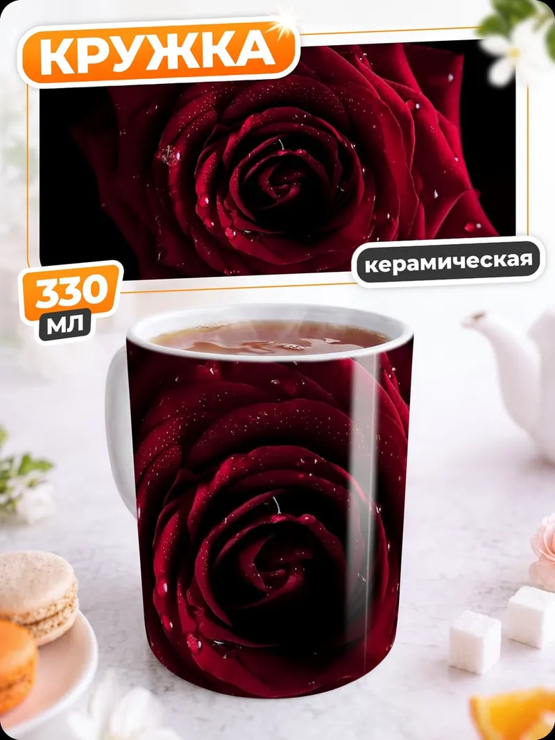 Кружка керамическая красная роза каплями