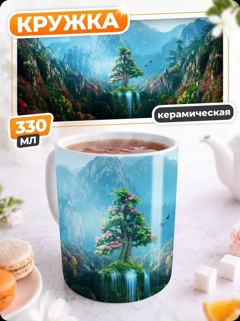 Кружка керамическая Горный водопад дерево