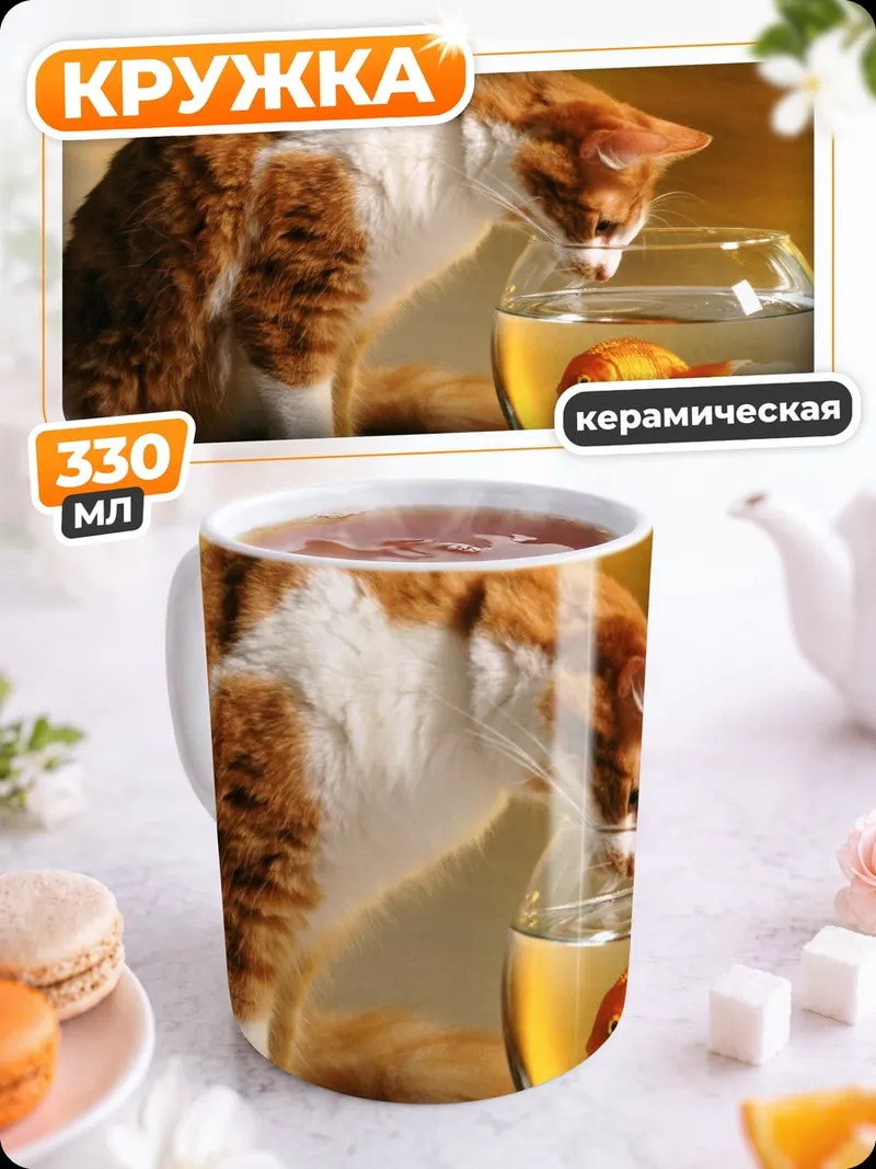 Кружка керамическая кот и золотая рыбка