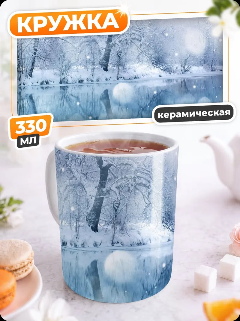 Кружка керамическая Зимний лес и озеро