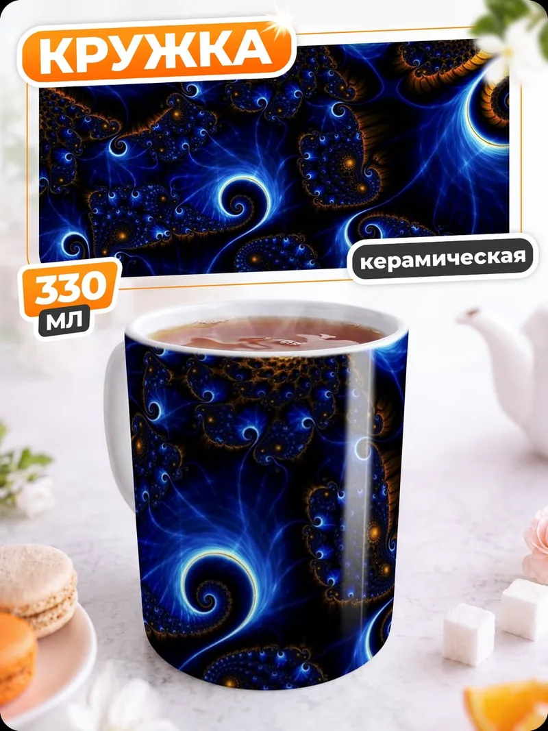 Кружка керамическая Сине-золотая фрактальная геометрия