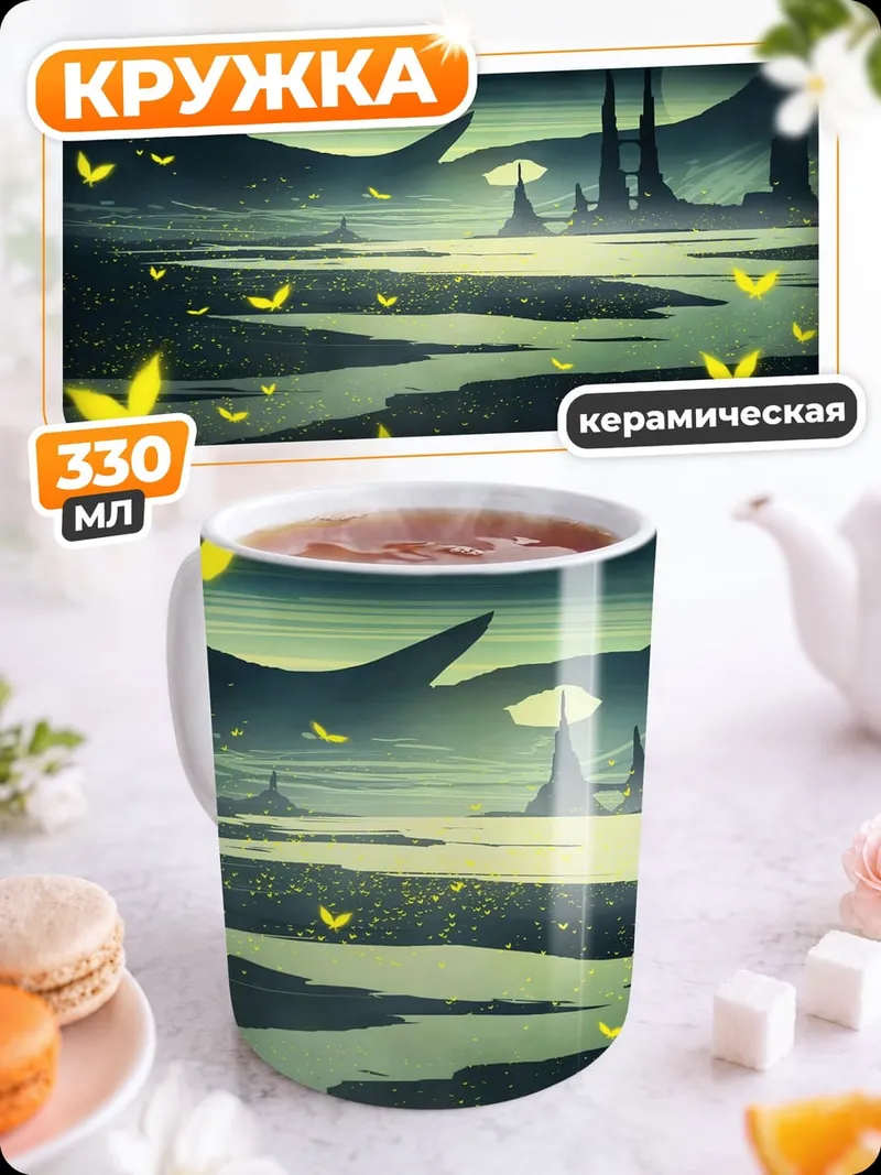 Кружка керамическая Ночной пейзаж с бабочками