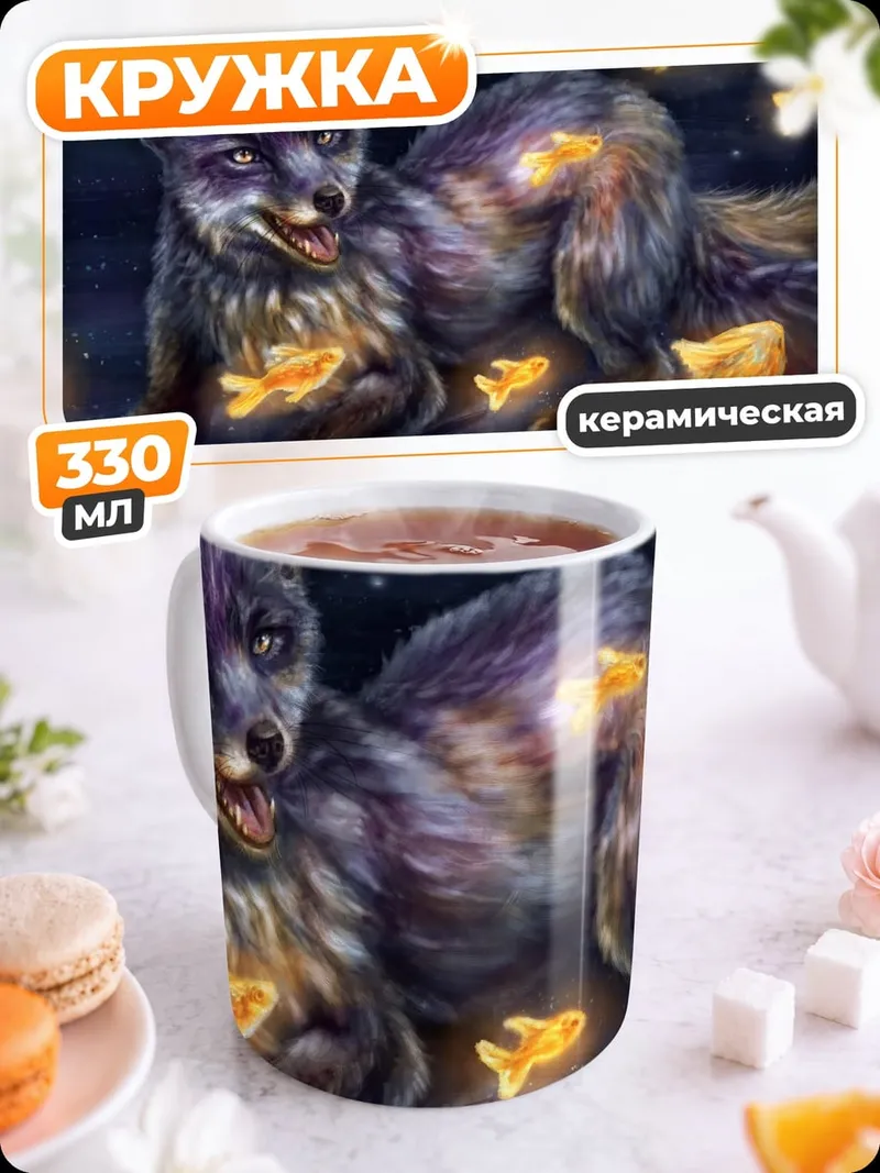 Кружка керамическая Лиса с золотыми рыбками