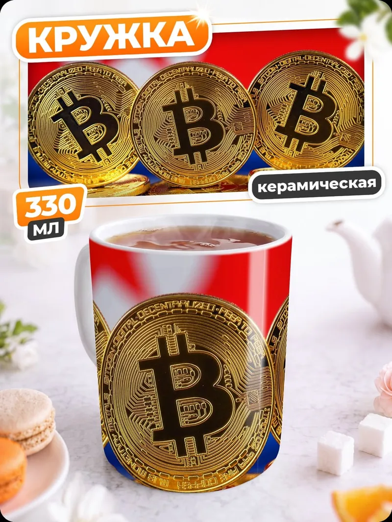 Кружка керамическая биткоин на фоне флага