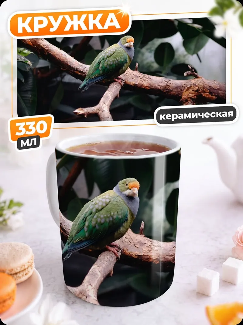 Кружка керамическая Зеленая птица на ветке