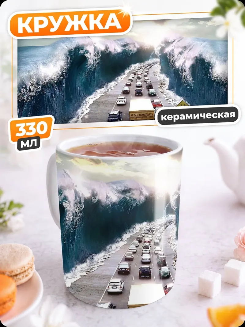 Кружка керамическая цунами на дороге