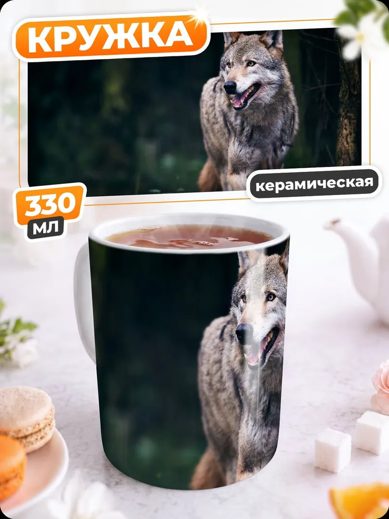 Кружка керамическая Волк на камне