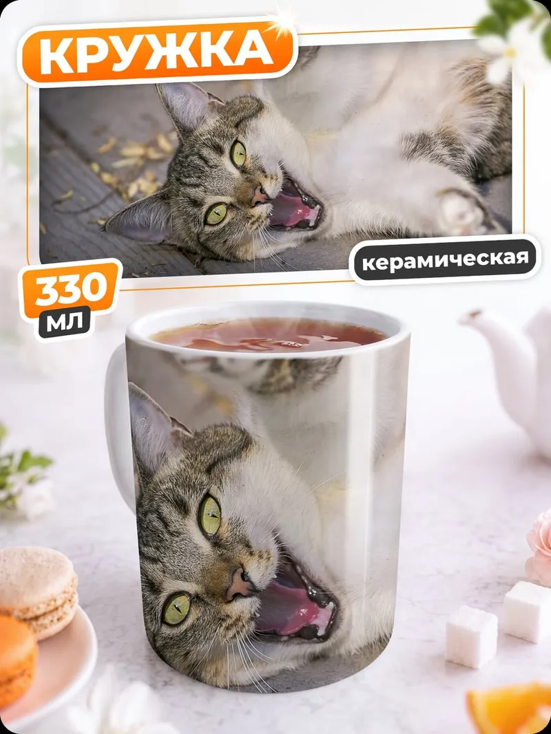 Кружка керамическая Кот лежит на досках