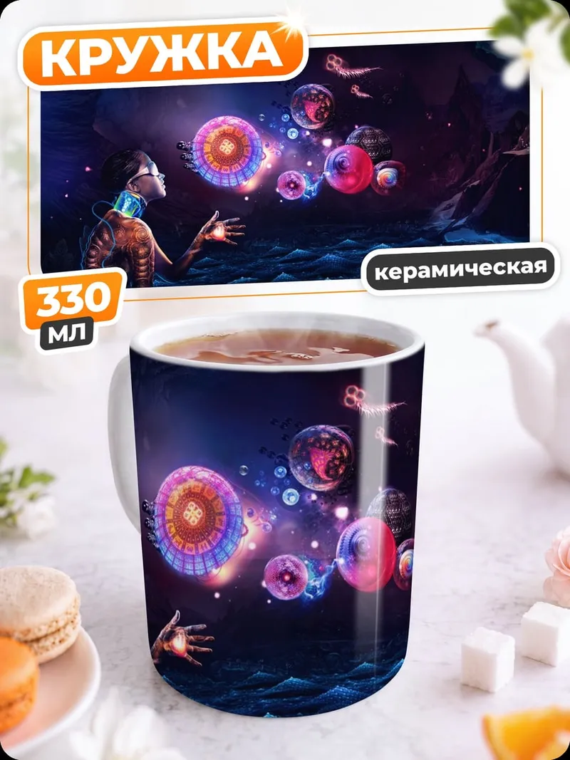 Кружка керамическая Парень смотрит на светящиеся сферы