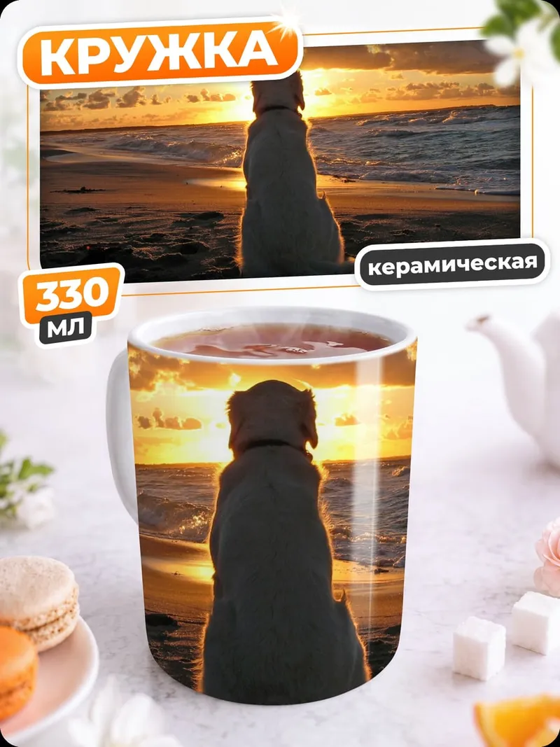 Кружка керамическая собака на пляже