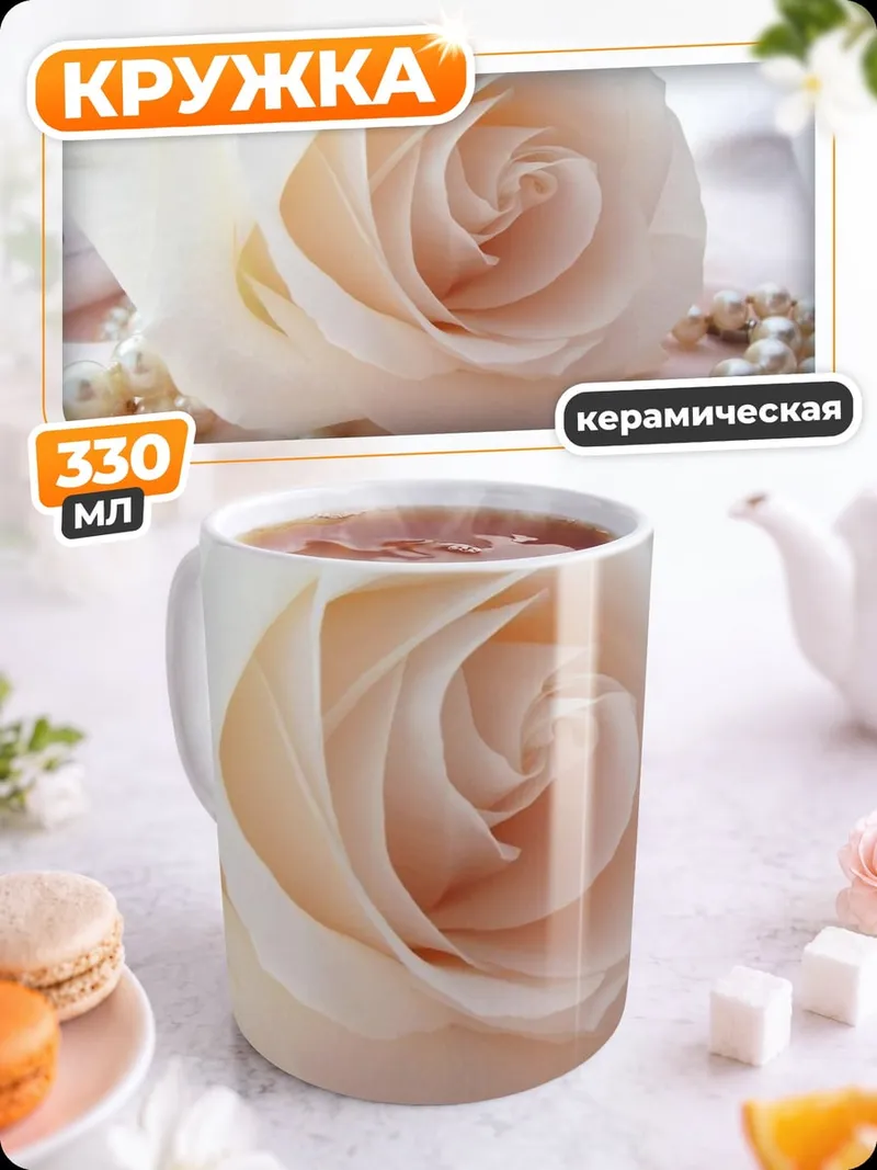 Кружка керамическая белая роза жемчуг