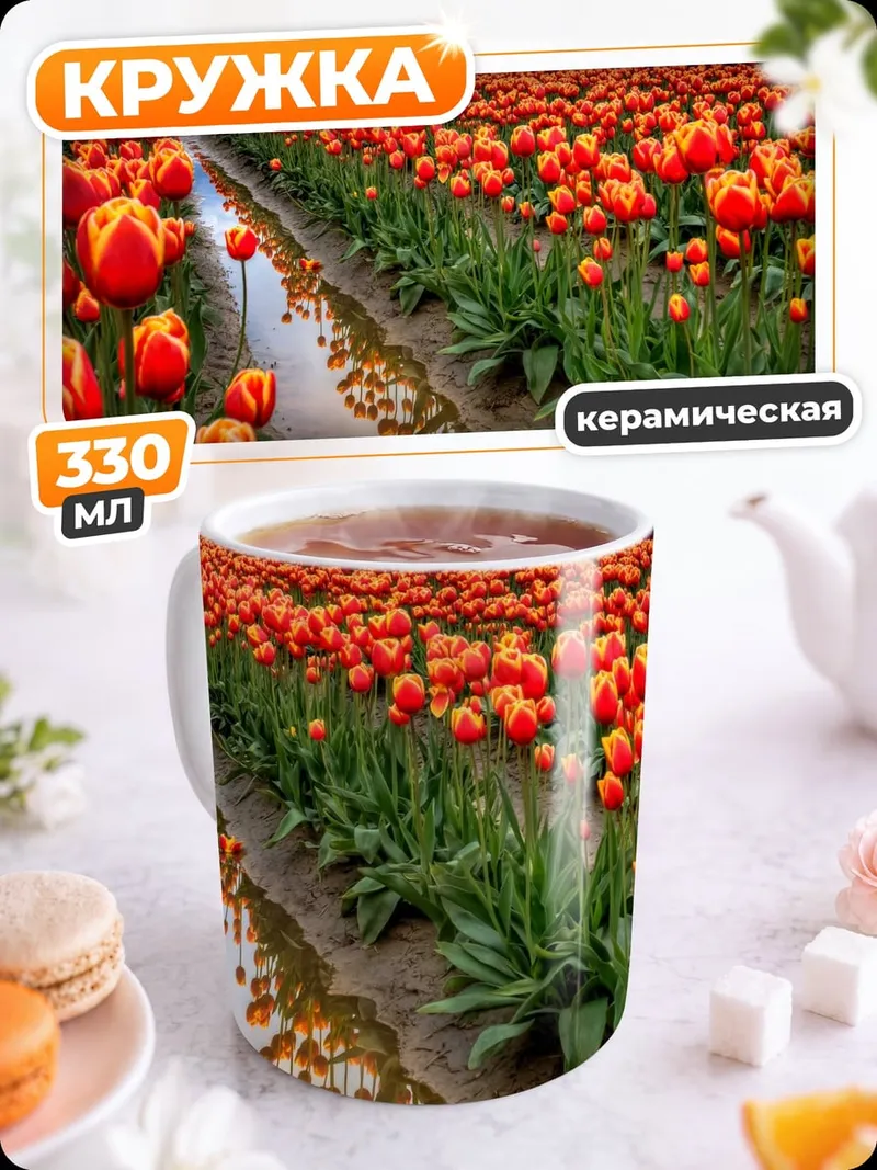 Кружка керамическая поле красных тюльпанов