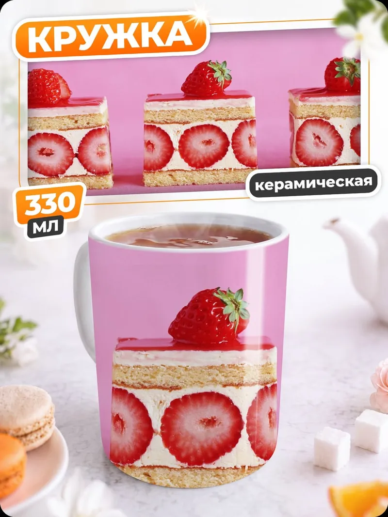 Кружка керамическая клубничные пирожные