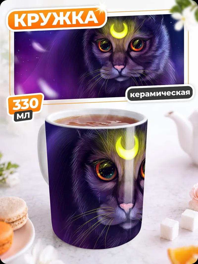 Кружка керамическая Черная кошка луна