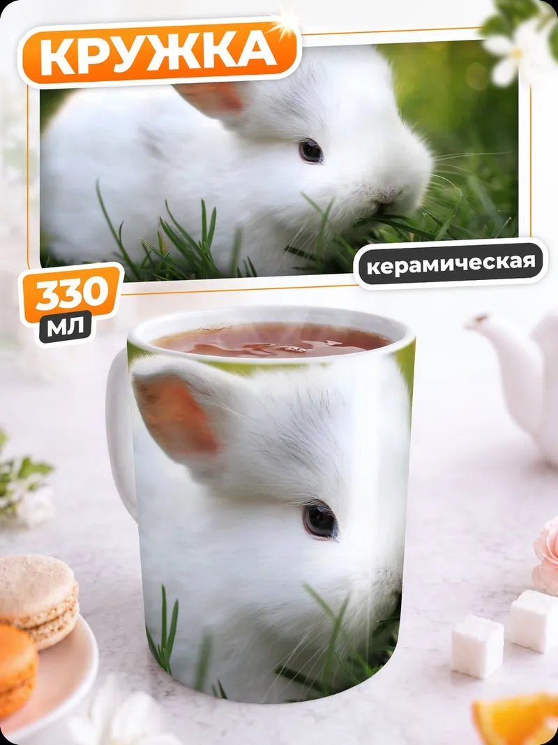 Кружка керамическая Белый кролик в траве
