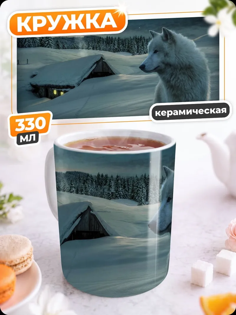 Кружка керамическая белый волк ночью