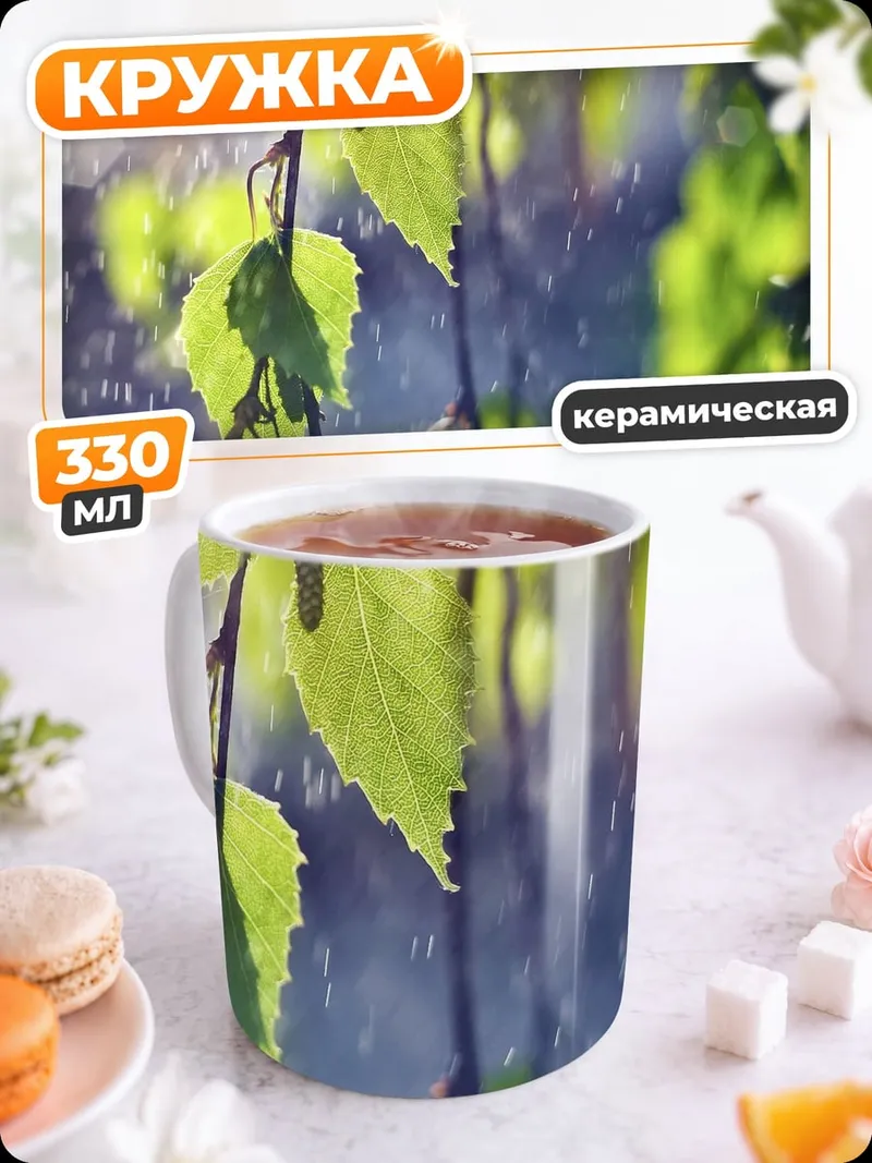 Кружка керамическая Березовые ветки под дождем