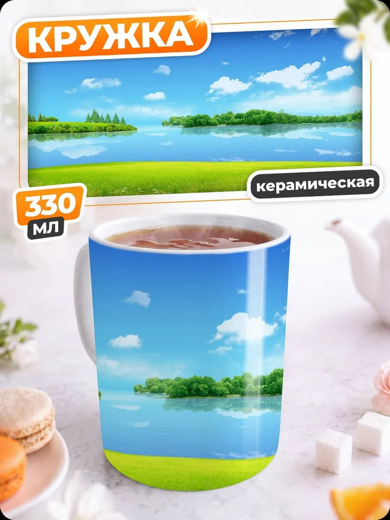 Кружка керамическая зеленый луг у озера