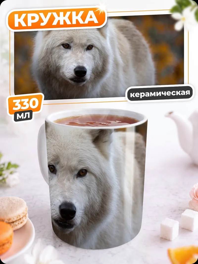 Кружка керамическая белый волк осенью