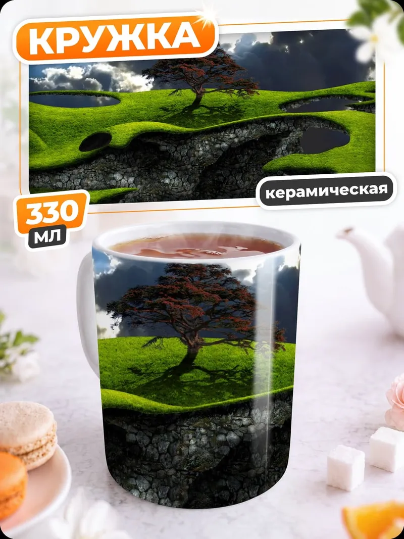 Кружка керамическая зеленые холмы дерево