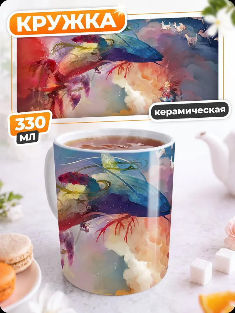 Кружка керамическая летающий кит в облаках