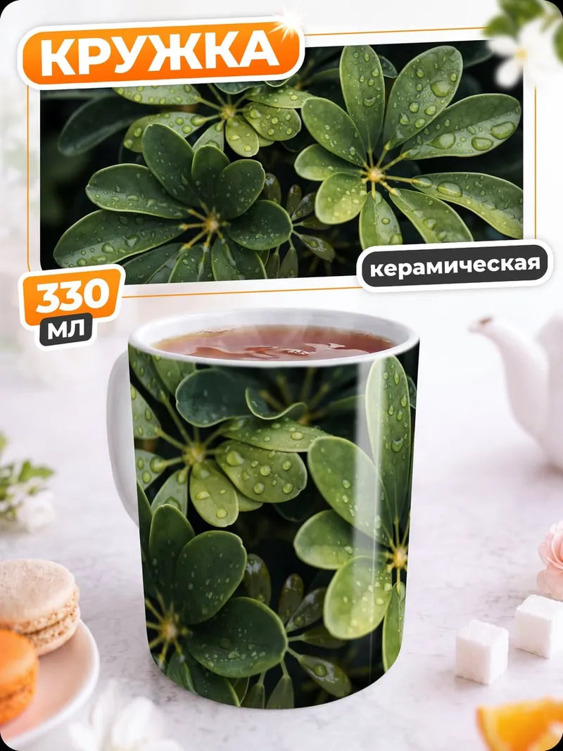 Кружка керамическая Зеленые листья с каплями